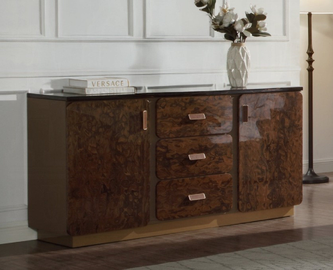 BD20031EK Marcelino Eastern King Bed  Brown & Beige Microfiber Leather & Glossy Wood Grain By Acme Furniture