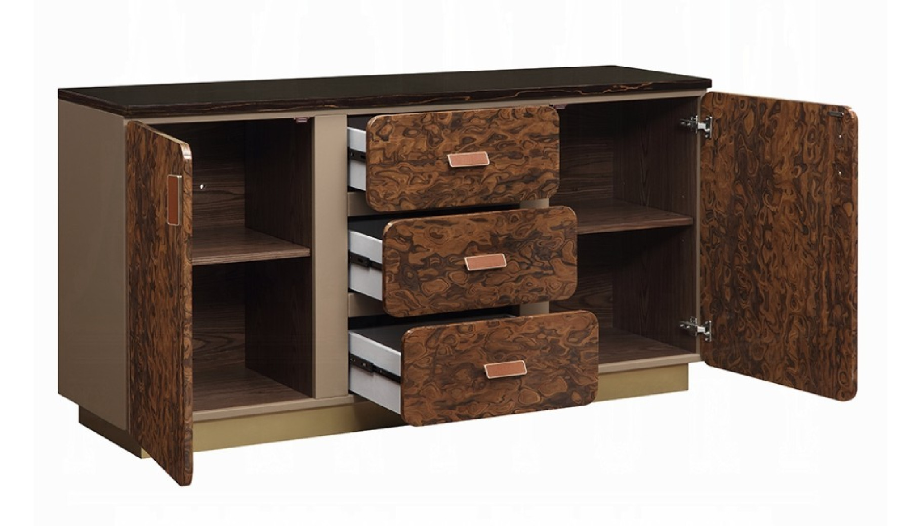 BD20031EK Marcelino Eastern King Bed  Brown & Beige Microfiber Leather & Glossy Wood Grain By Acme Furniture