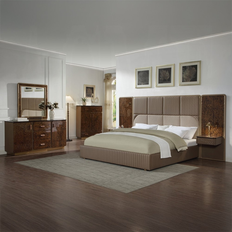 BD20031EK Marcelino Eastern King Bed  Brown & Beige Microfiber Leather & Glossy Wood Grain By Acme Furniture