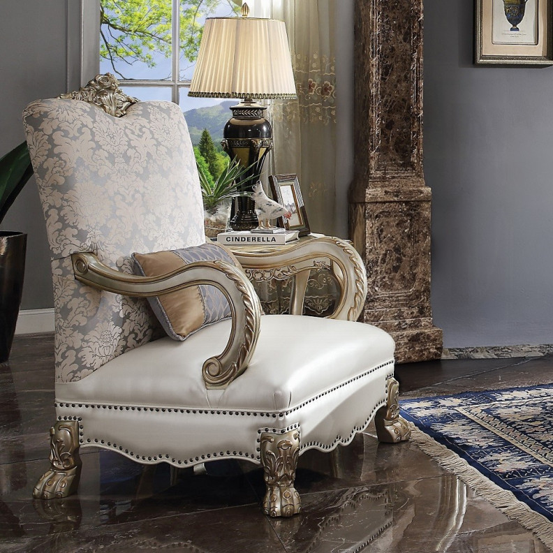 54877 Accent Chair Pearl Synthetic Leather /Fabric Dresden Gold Patina Collection by Acme Furniture