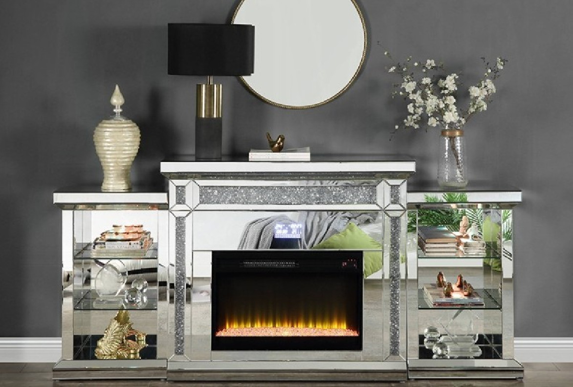 AC00518 Noralie Collection Mirrored & Faux Diamonds. LED  Fireplace By Acme Furniture
