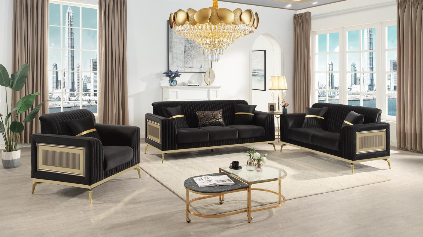 2PC Sofa & Loveseat Black Fabric Antigua Collection By Galaxy Home Furnishings