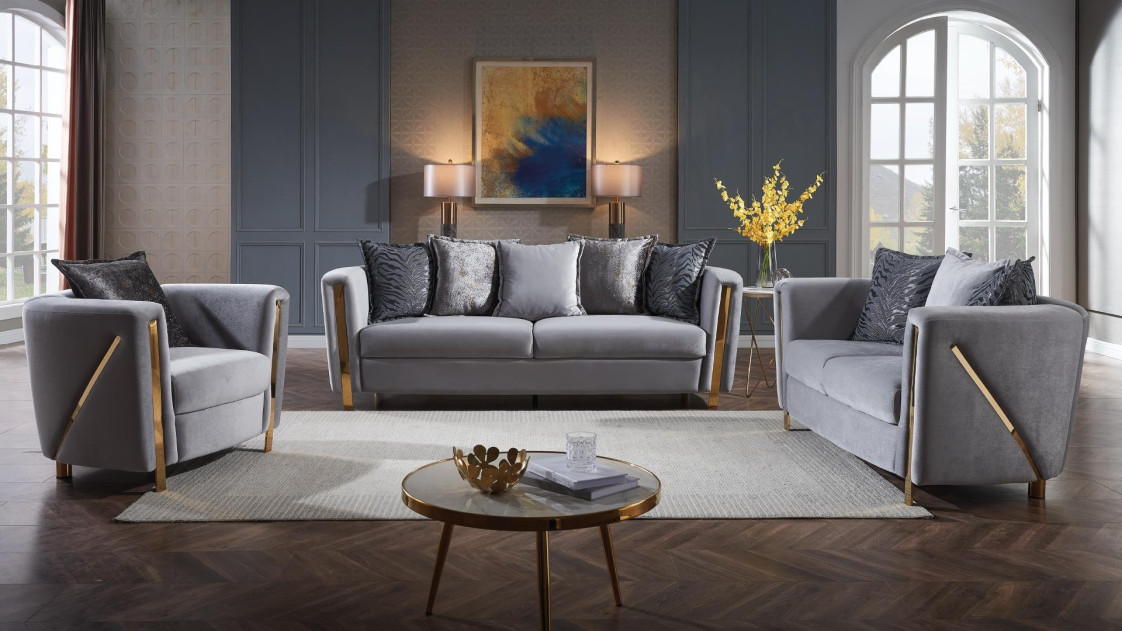 2PC Sofa & Loveseat Gray Fabric Chanelle By Galaxy Home Furnishings