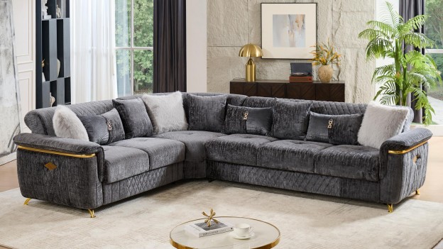 3PC Sectional Gray Fabric...