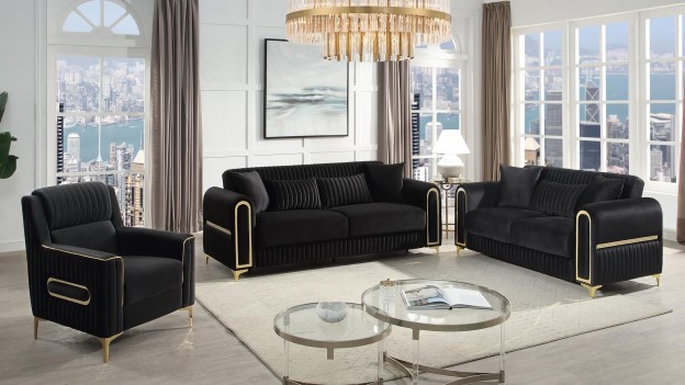 2PC Sofa & Loveseat Black...