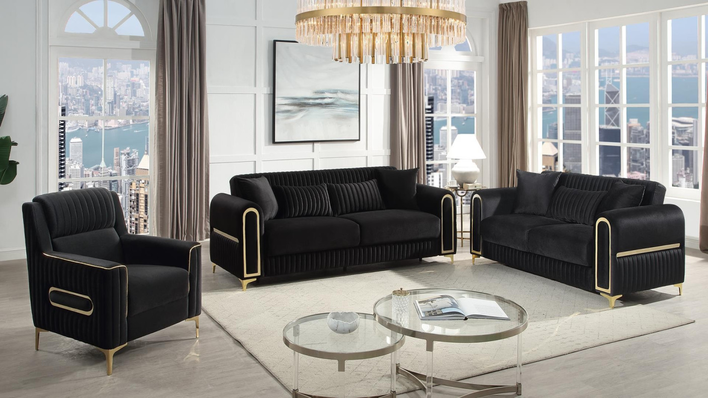 2PC Sofa & Loveseat Black Fabric Ruby Collection By Galaxy Home Furnishings