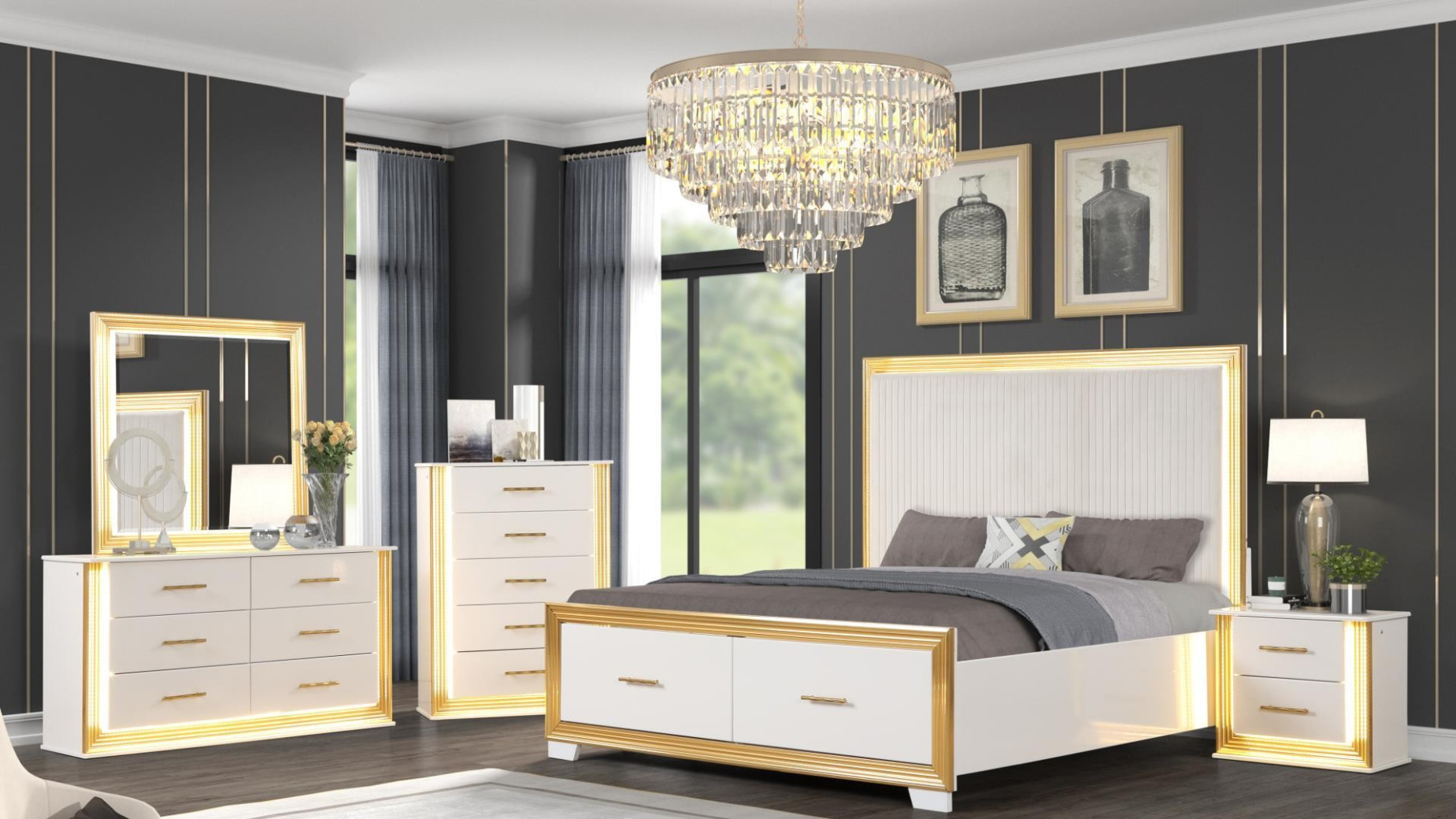 Obsession 5PC Queen Bedroom Set Contemporary Style White & Gold Finish  by Galaxy Home Furnishings