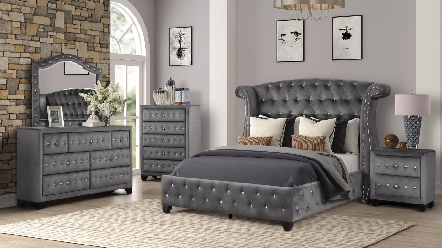 Sophia 5PC Queen Bedroom Set Glam Style Gray Finish By Furniture of America