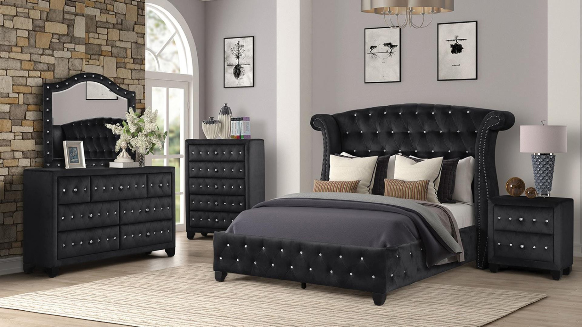 Sophia 5PC Queen Bedroom Set Glam Style Black Finish By Furniture of America