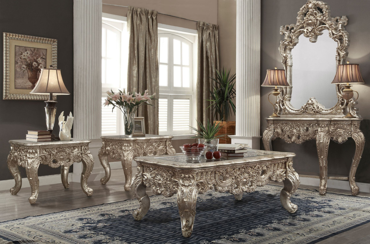 HD 998 CH Homey Design Coffee Table Victorian Style Champagne Silver Finish