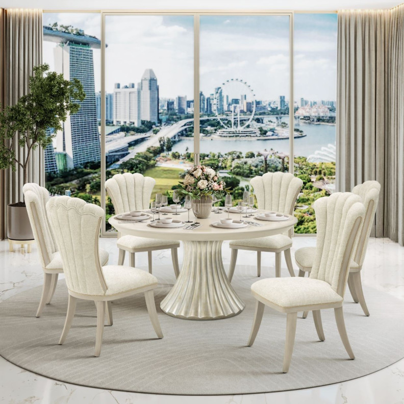7PC Round Dining Table Set Silver Mist Finish Fantosini Collection By Michael Amini 9091001-823