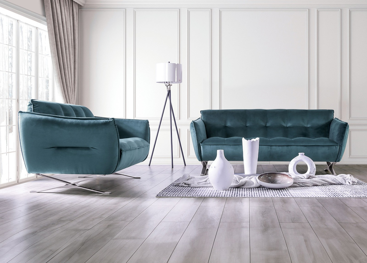 FM90004TL 2PC Sofa & Loveseat Teal Velvet Civellutino Collection By Furniture of America