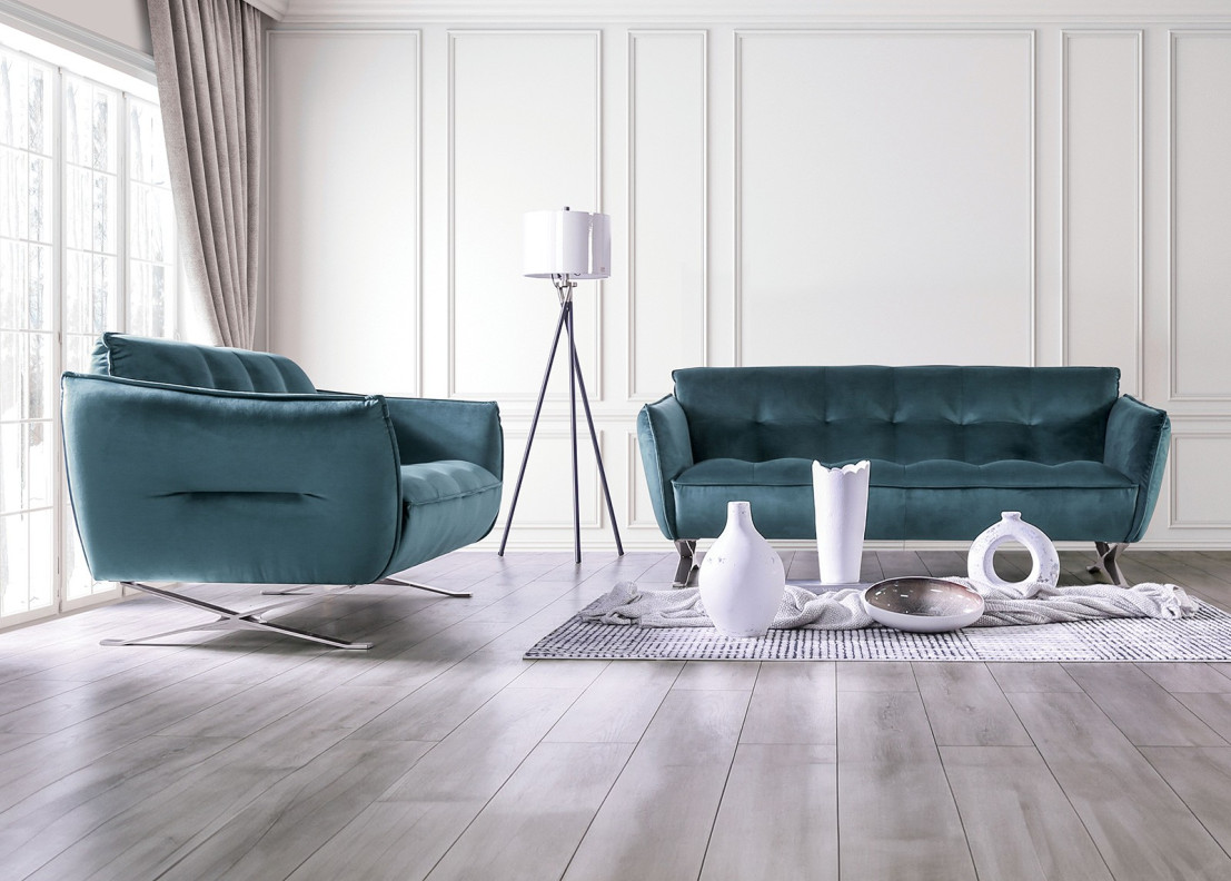 2PC Sofa & Loveseat Teal Velvet Civellutino Collection By Furniture of America FM90004TL