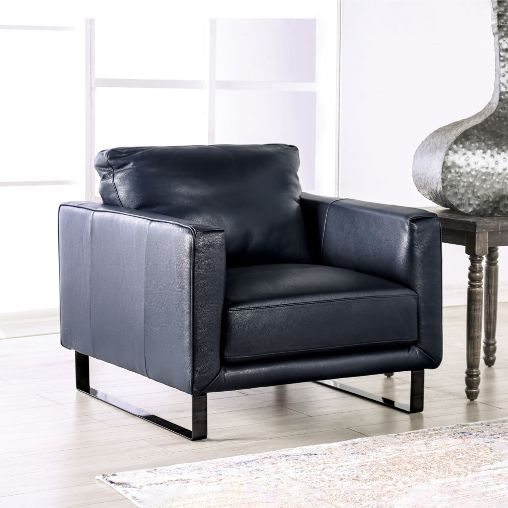 2PC Sofa & Loveseat Midnight Blue Italian Leather Contemporary Style By Furniture of America FM90000