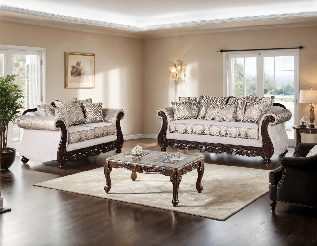 2PC Sofa & Loveseat Traditional Style Beige/ Dark Cherry By Furniture of America  SM6451