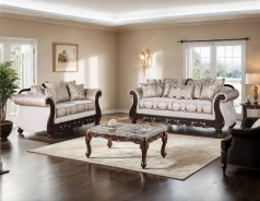 2PC Sofa & Loveseat Traditional Style Beige/ Dark Cherry By Furniture of America  SM6451