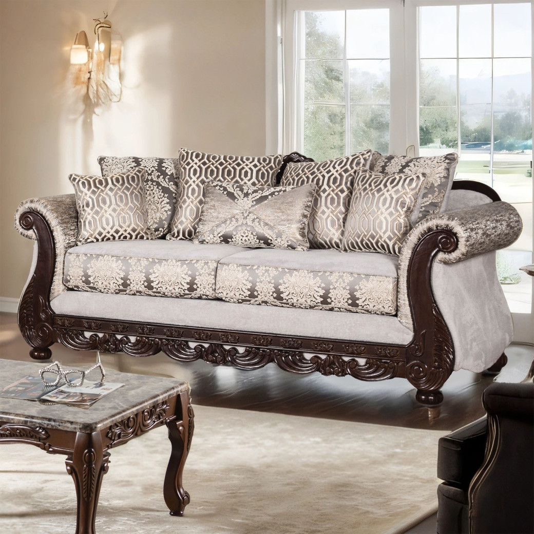2PC Sofa & Loveseat Traditional Style Beige/ Dark Cherry By Furniture of America  SM6451
