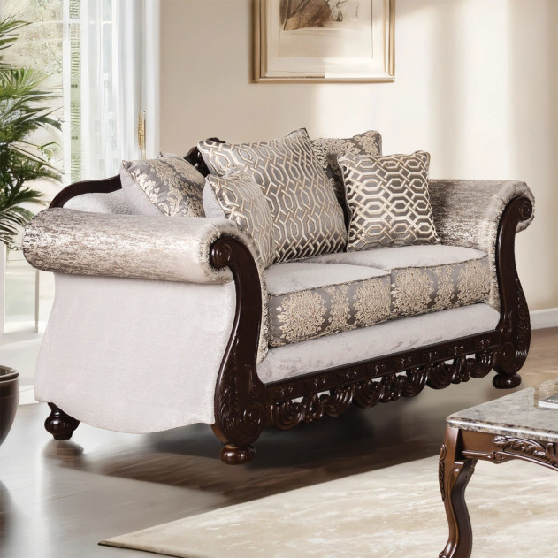 SM6451 2PC Sofa & Loveseat Traditional Style Beige/ Dark Cherry By Furniture of America