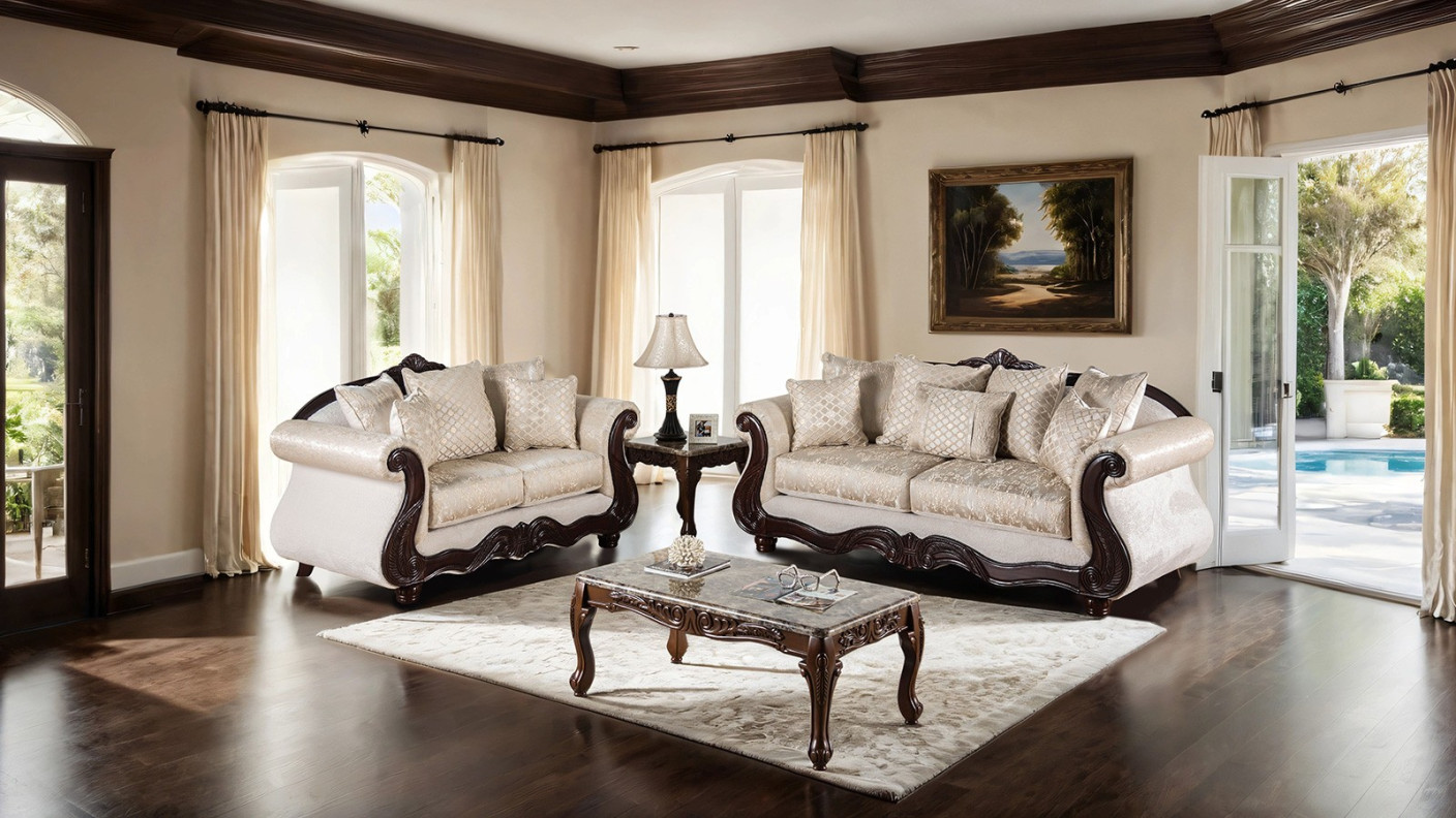 2PC Sofa & Loveseat Traditional Style Beige/ Dark Cherry by  Furniture of America FM66452