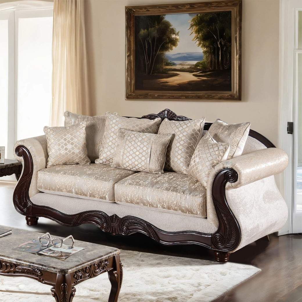 2PC Sofa & Loveseat Traditional Style Beige/ Dark Cherry by  Furniture of America FM66452