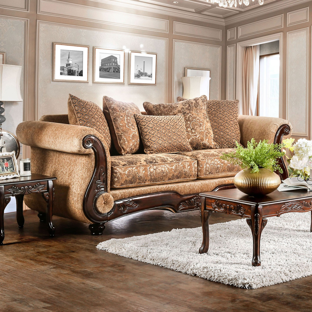 2PC Sofa & Loveseat Traditional Style Tan/Gold by Furniture of America SM6407