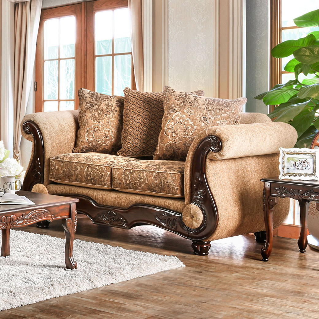 2PC Sofa & Loveseat Traditional Style Tan/Gold by Furniture of America SM6407