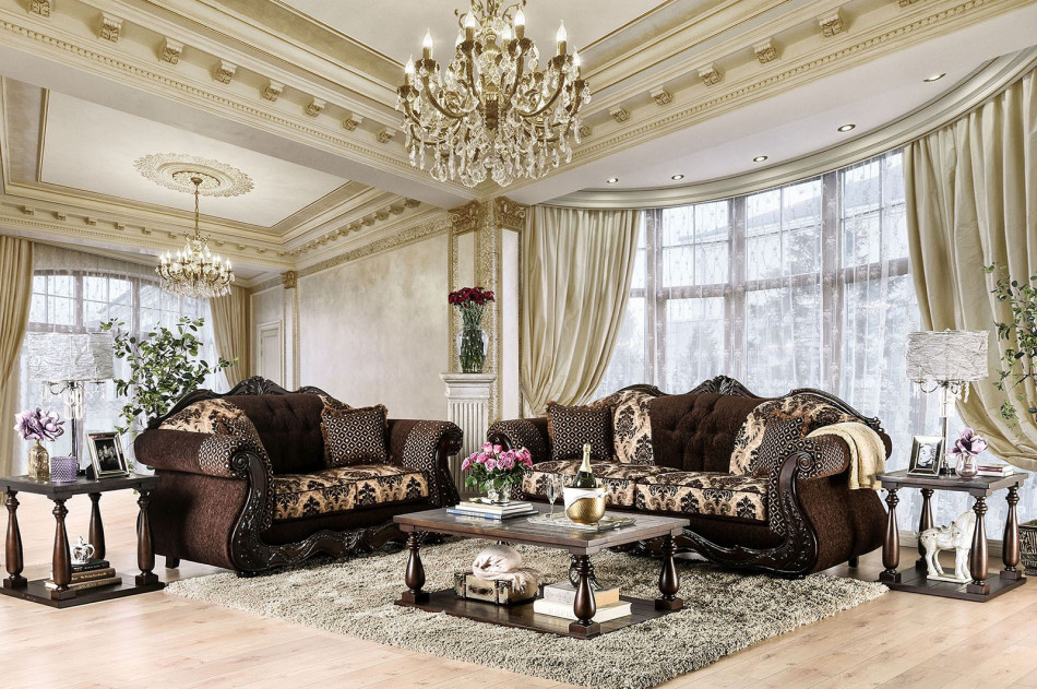 SM6431 2PC Sofa & Loveseat Traditional Style Dark Brown By Furniture of America