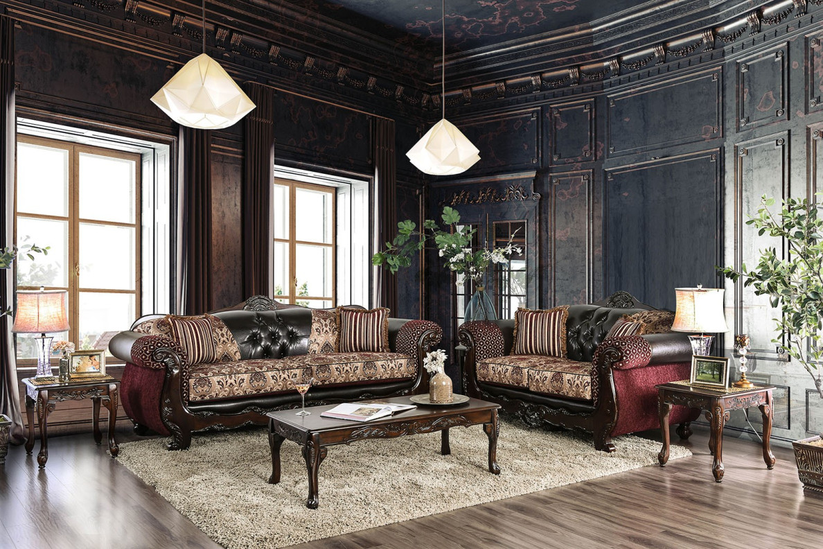 2PC Sofa & Loveseat Traditional Style Burgundy/ Dark Brown By Furniture of America SM6415