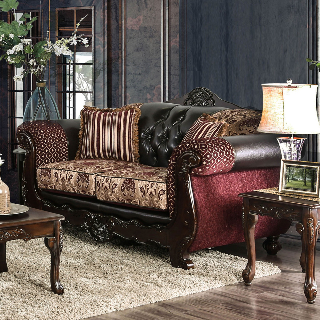 2PC Sofa & Loveseat Traditional Style Burgundy/ Dark Brown By Furniture of America SM6415