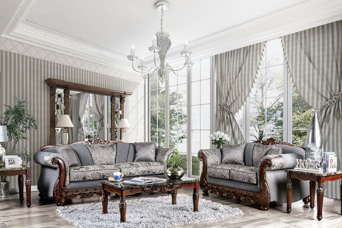 SM6424 2PC Sofa & Loveseat Traditional Style Gray By Furniture Of America