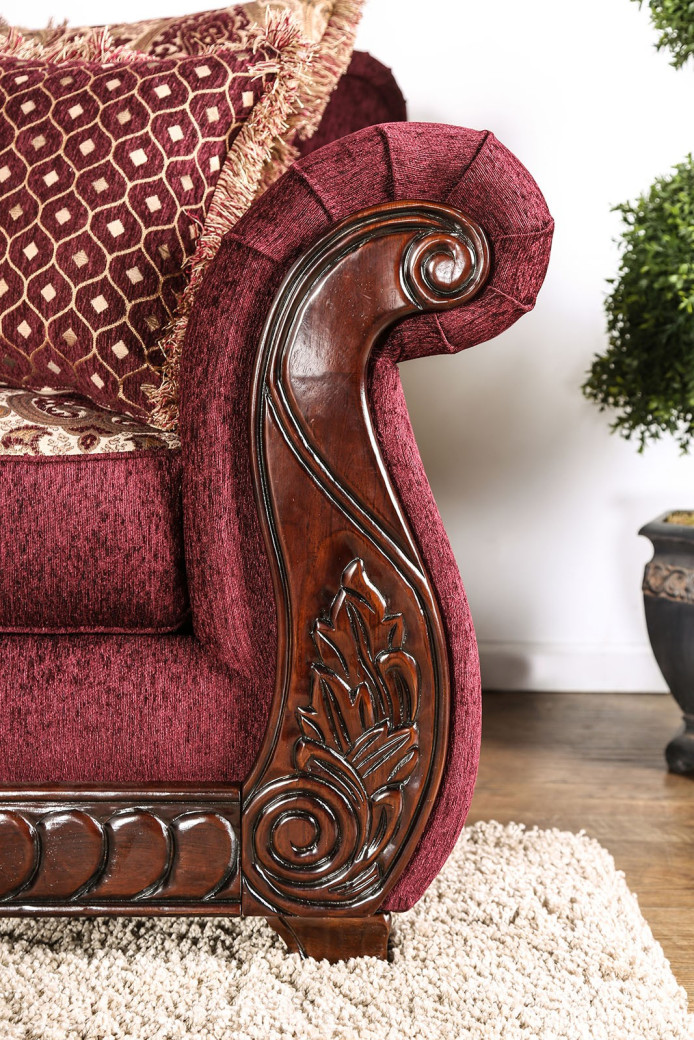 SM6110 Traditional Style 2PC Sofa & Loveseat Cherry / Burdundy Fabric Tabitha Collection by Furniture of America