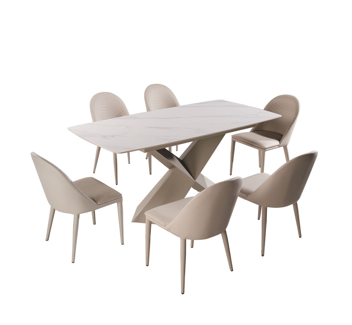 FM3700BR-T 7PC Dining Set Light Brown & White Ceramic Table Top Contemporary Style Lenvik Collection By Furniture of America