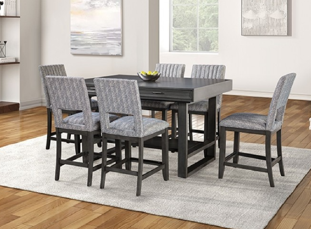 FM3425GY-PT / 7 PC Counter Height Table Set Transitional Style Gray By Furniture of America