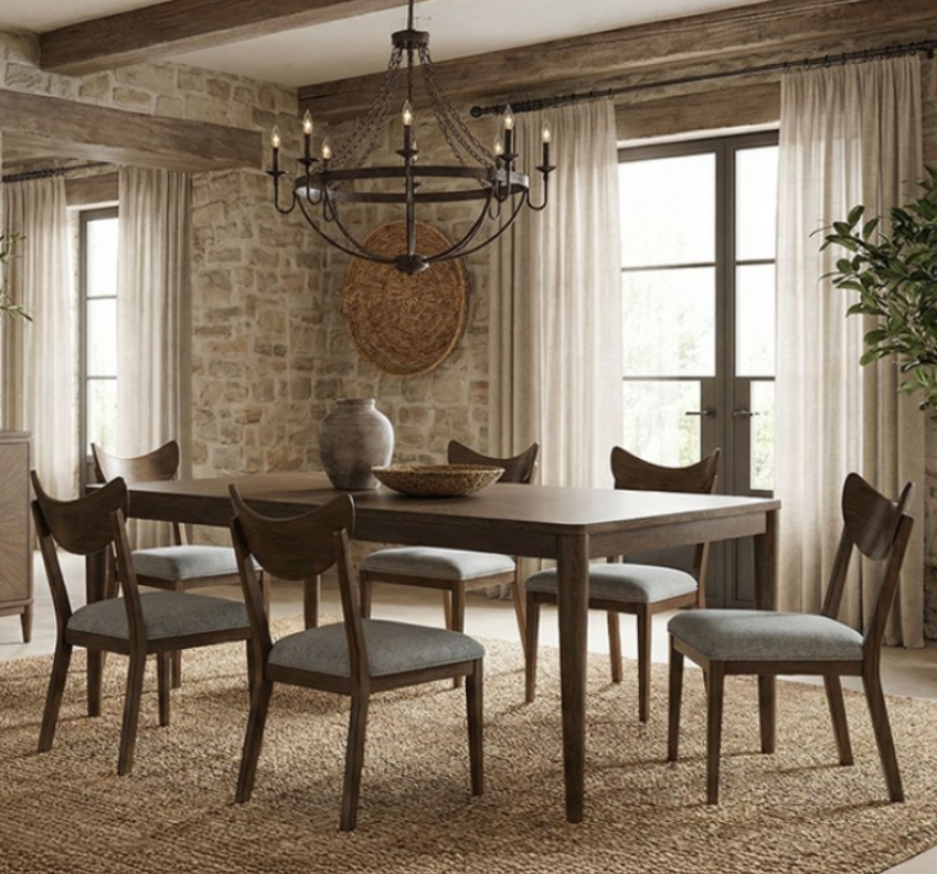 FM39018WN  7PC Dining Set Mid-Century Modern Style Walnut Finish Clarksburg Collection By Furniture of America