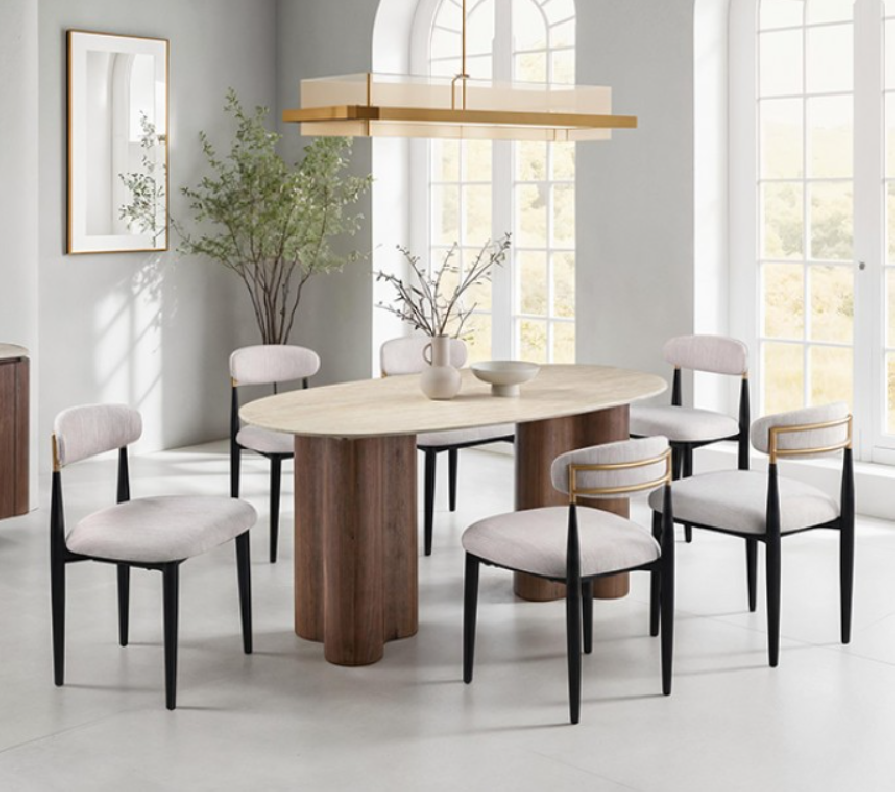 FM37021WN 7PC Dining Set Contemporary Style Oval Table Walnut Finish Kronus Collection By Furniture of America