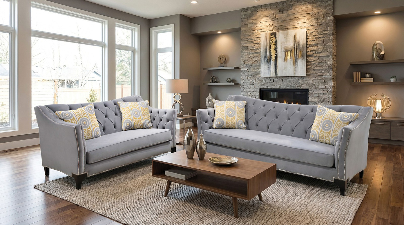 SM2296GY 2PC Sofa & Loveseat Gray Fabric Transitional Style Wilmette Collection By Furniture of America