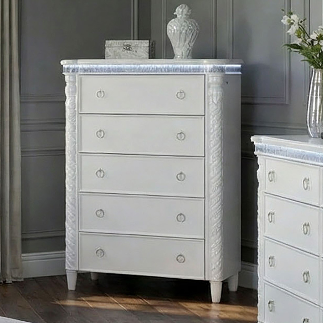 FM74007WH 5PC Queen Bedroom Set Glam Style Pearl/White Finish Swindon Collection by Furniture of America