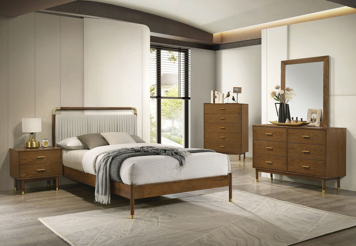 FM72033WN 5PC Bedroom Set Walnut Finish Mid-Century Modern Style Romford Collection by Furniture of America