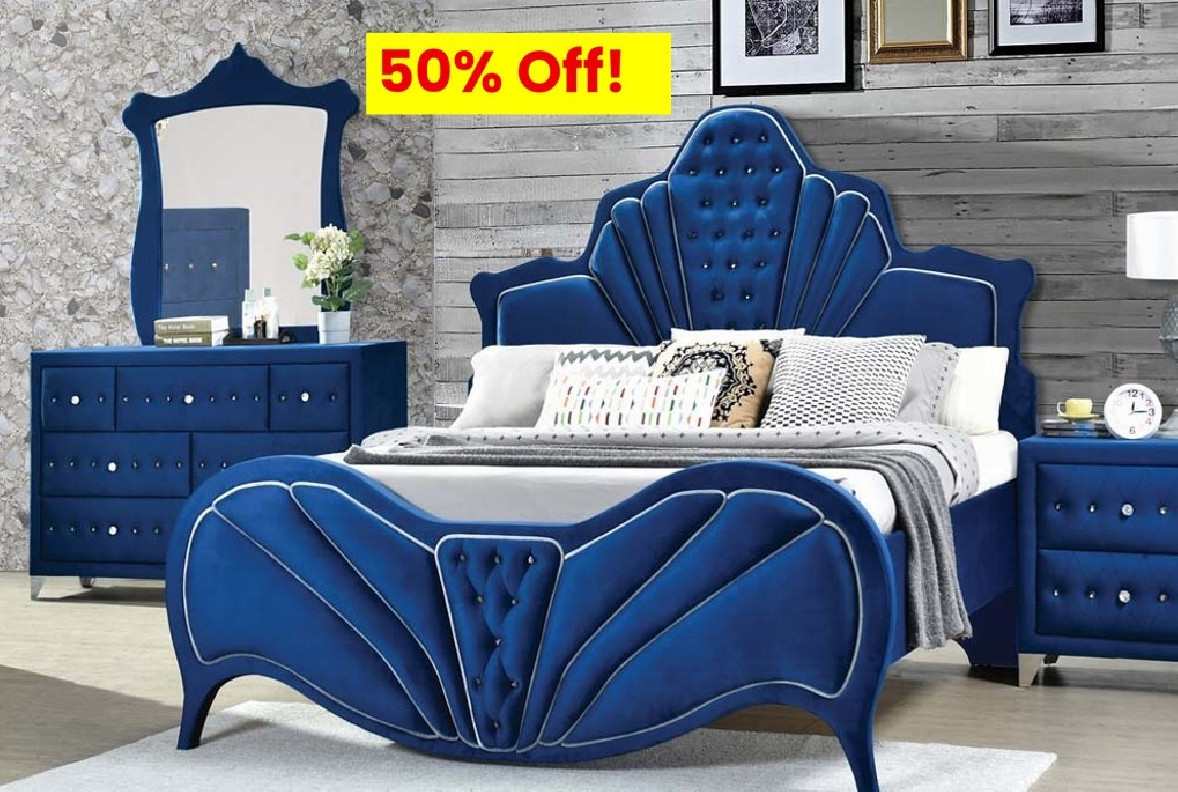 24217EK Blue Velvet EK Bed Dante Collection By Acme Furniture