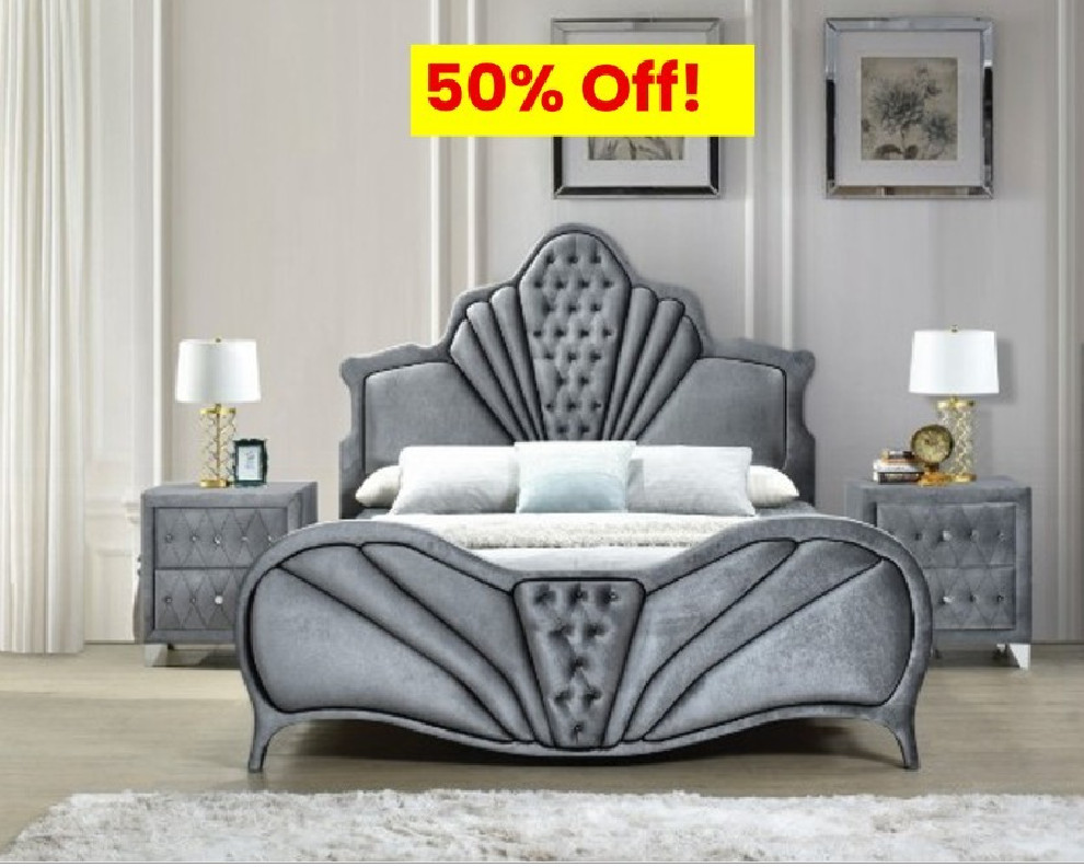 24230Q Gray Velvet Queen Bed Dante Collection By Acme Furniture