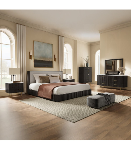 BD04092Q Clayten Queen Bed Beige Linen & Espresso Mid-Century Modern Style By Acme Furniture