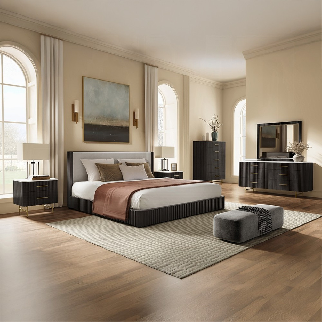 BD04092Q Clayten Queen Bed Beige Linen & Espresso Mid-Century Modern Style By Acme Furniture
