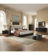 BD04092Q Clayten Queen Bed Beige Linen & Espresso Mid-Century Modern Style By Acme Furniture