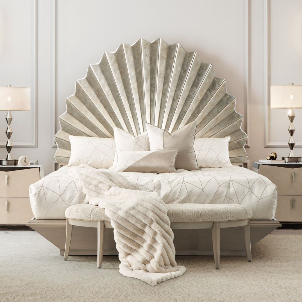 Eastern King Fan Bed Silver Leaf Finish Fantosini Collection By MIchael Amini 9091000EK3-834