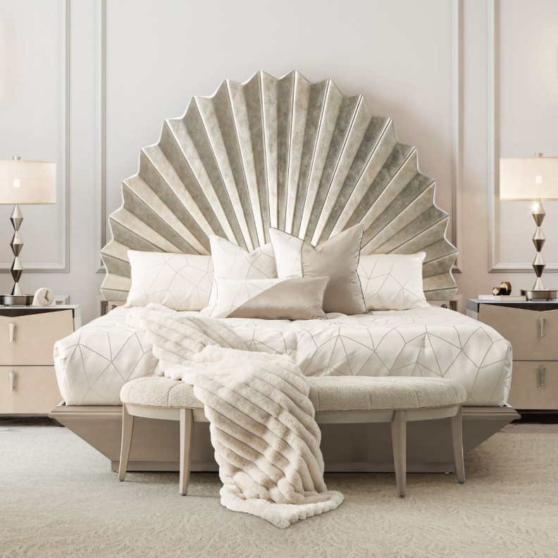 Eastern King Fan Bed Silver Leaf Finish Fantosini Collection By MIchael Amini 9091000EK3-834