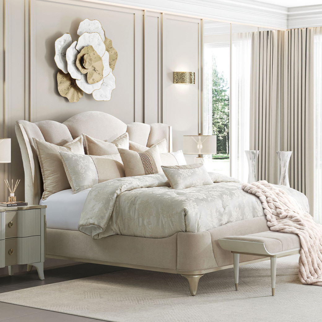 Queen Upholstered Bed (3pc) Creamy Pearl Finish La Marisia Collection By Micahel Amini  9089000QN3-112