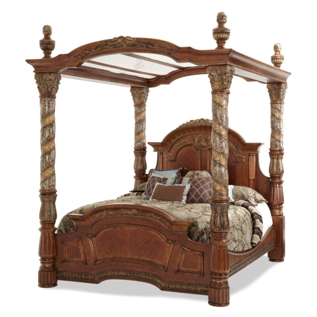 Eastern King Canopy Bed Classic Chestnut Finish Villa Valencia Collection by Michael Amini 72000EKCAN-55