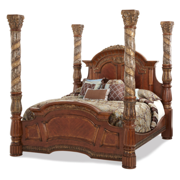 Eastern King Canopy Bed Classic Chestnut Finish Villa Valencia Collection by Michael Amini 72000EKCAN-55