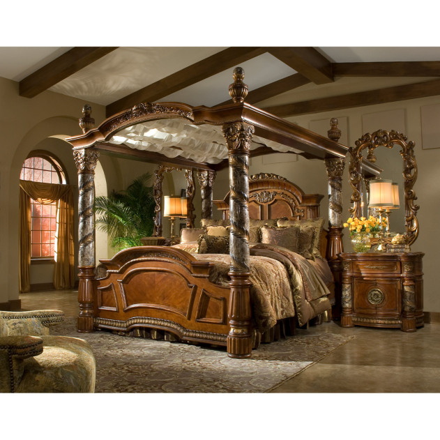 Eastern King Canopy Bed Classic Chestnut Finish Villa Valencia Collection by Michael Amini 72000EKCAN-55