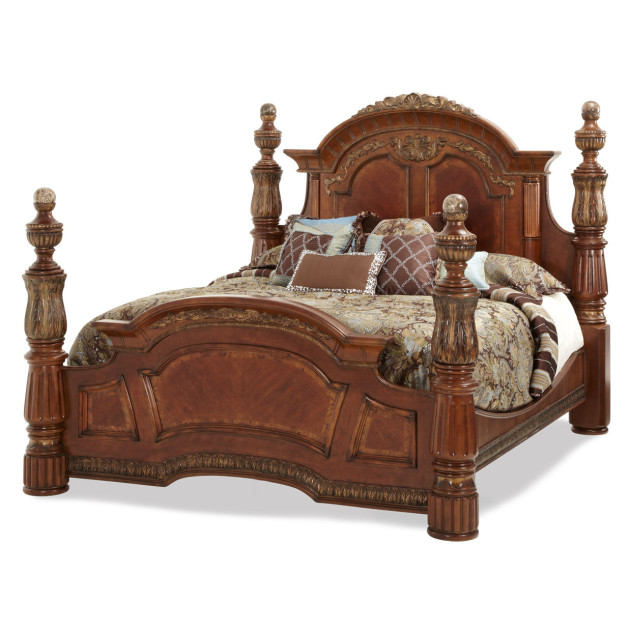 Eastern King Poster Bed  Classic Chestnut Finish villa valencia Collection By Michael Amini 72000EKP-55